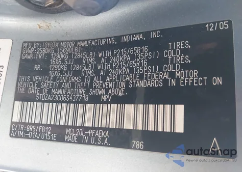 2006 Toyota Sienna Ce из США, поврежденный, VIN 5TDZA23C06S437718